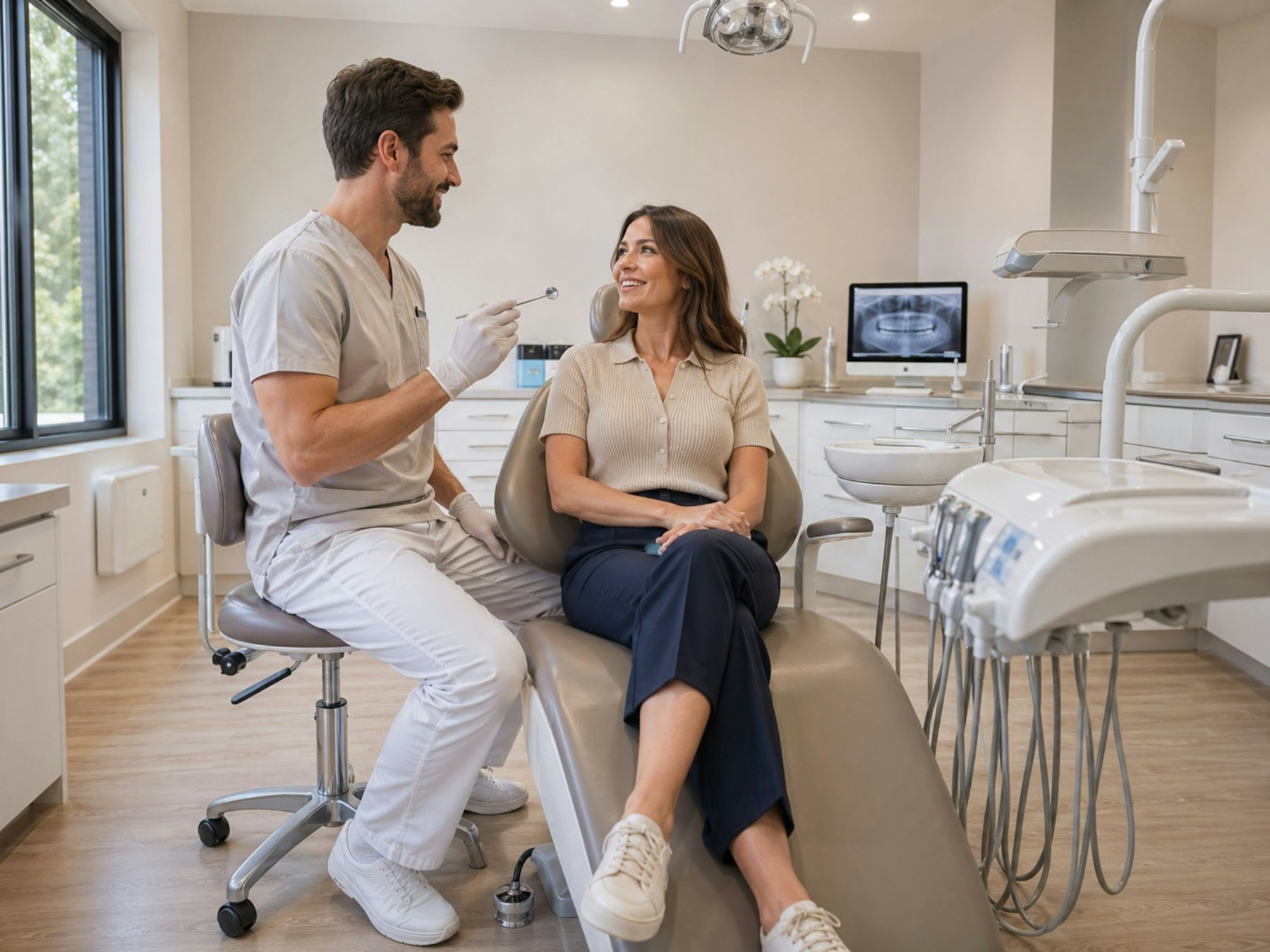 A dentist consulting with a smiling patient in a modern dental office with an x-ray monitor in the background
