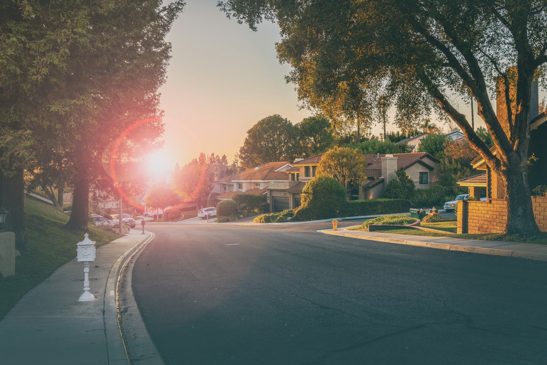 A quiet suburban Tulsa-area street lined with mature trees and single-story homes at golden hour