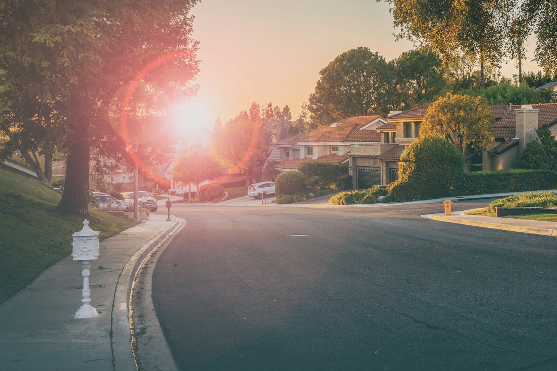A quiet suburban Tulsa-area street lined with mature trees and single-story homes at golden hour