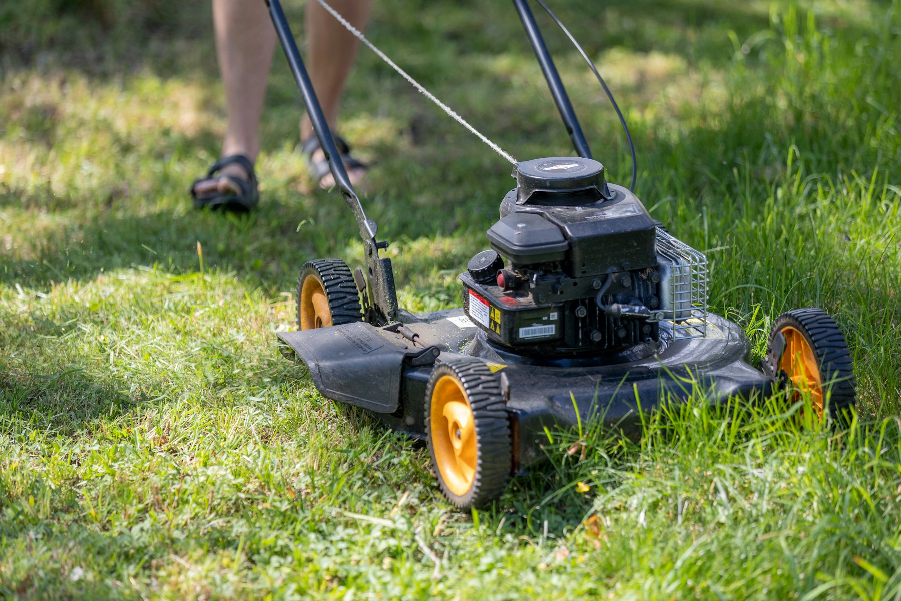 A person mowing grass with a push lawn mower