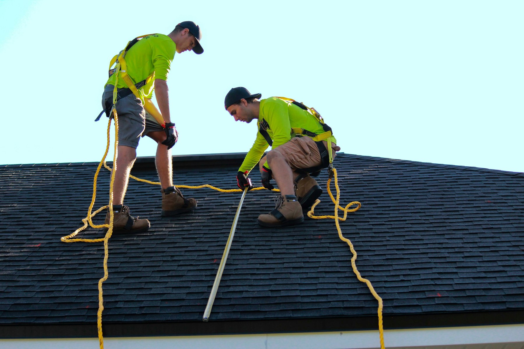 Two roofers wearing safety harnesses working on an asphalt shingle roof