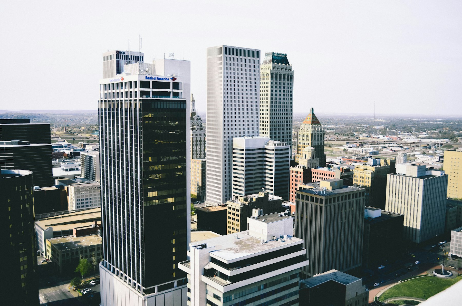 An aerial view of downtown Tulsa's skyline, including the BOK Tower