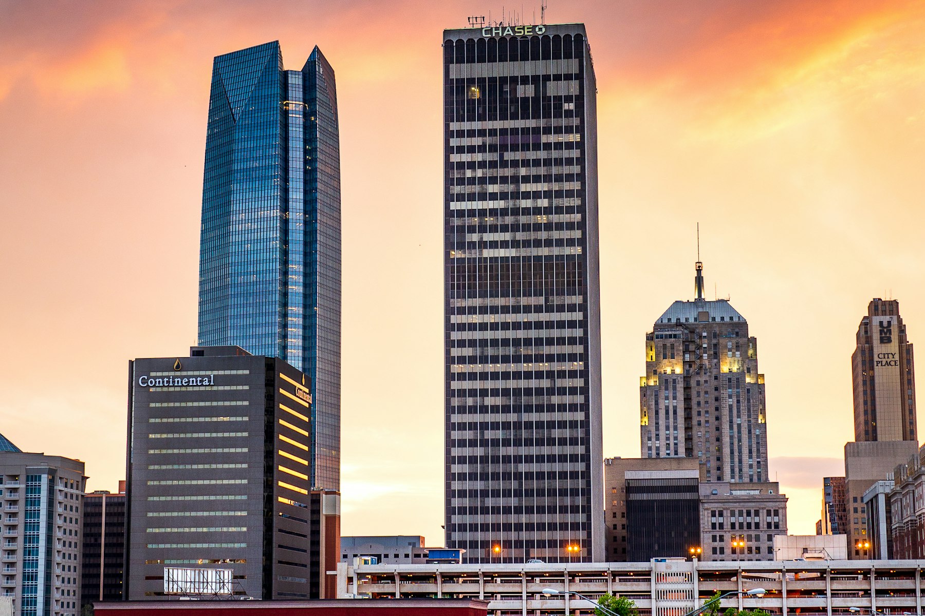 The Oklahoma City skyline at dusk, including the Devon Tower and City Place